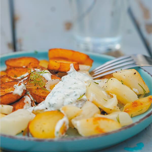 Schwarzwurzeln mit Röstkartoffeln und Dip