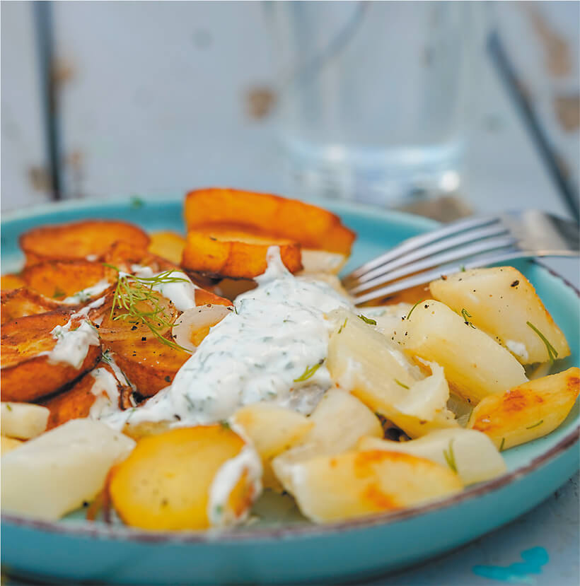 Schwarzwurzeln mit Röstkartoffeln und Dip